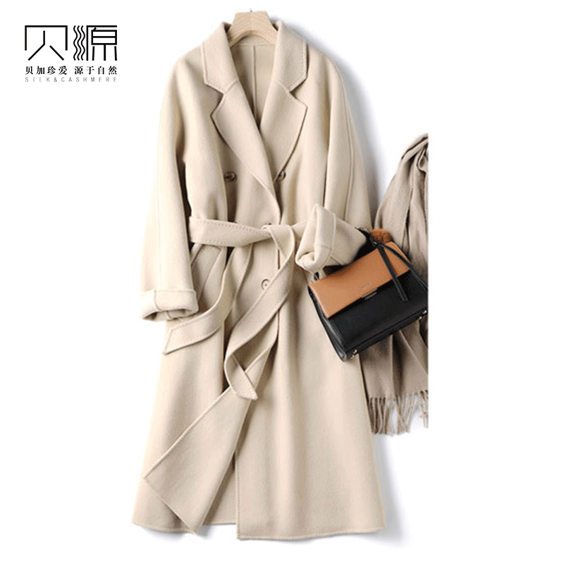 贝源白色长款双排扣双面羊绒大衣