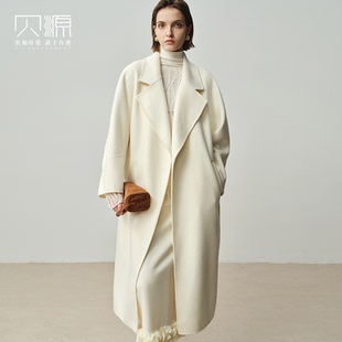 过膝羊毛毛呢外套 长款 贝源2025秋冬新款 白色双面羊绒大衣女浴袍款