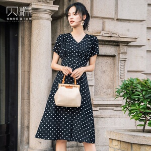 贝源法式复古雪纺连衣裙2026新款黑赫本小黑裙短袖桔梗泫雅中长裙