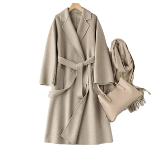贝源高端燕麦色双面羊绒大衣女2025新中长款浴袍款纯羊绒毛呢外套