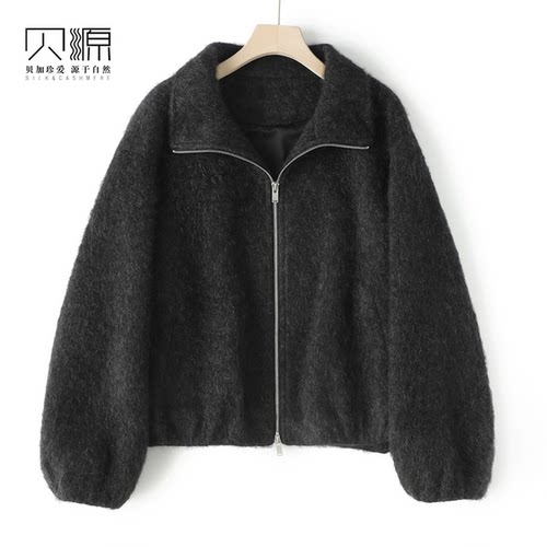 贝源小个子灰色牦牛绒拉绒大衣女