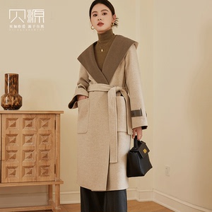 贝源明星同款双面羊绒大衣女连帽2023新中长款浴袍款羊毛毛呢外套