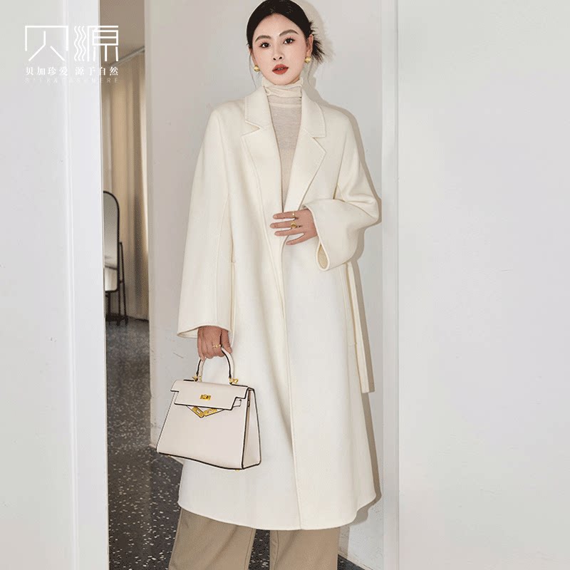 贝源慵懒风白色双面羊绒大衣女浴袍款2025新款中长款羊毛毛呢外套