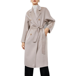 贝源M家经典粉色水波纹双面羊绒大衣女中长款双排扣羊毛毛呢外套