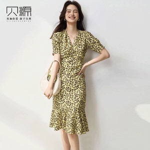 贝源法式减龄黄色碎花雪纺茶歇裙2026新款小清新中长款短袖连衣裙