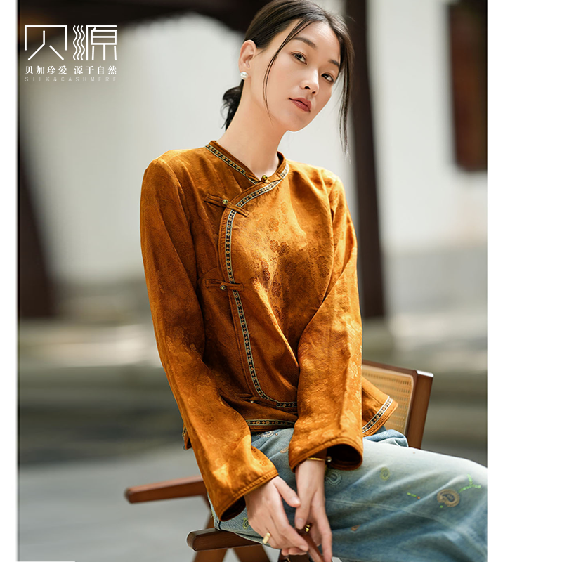 贝源2026春夏新款橘黄色复古盘扣真丝上衣女中国风长袖桑蚕丝衬衫