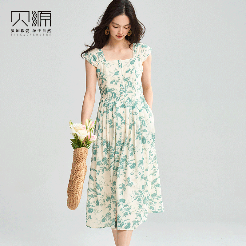 贝源时尚减龄水墨印花方领连衣裙2025新小清新中长款显瘦无袖女裙