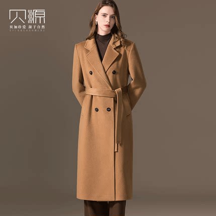 贝源高端驼色纯羊绒大衣女正肩2024新款中长款双排扣加厚毛呢外套