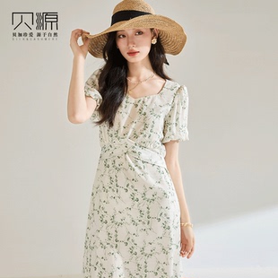 连衣裙 贝源法式 甜美碎花雪纺茶歇裙2025新款 小清新中长款 V领短袖