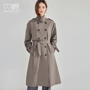 贝源M家经典英伦风双排扣灰色风衣女2026新款中长款显瘦风衣外套