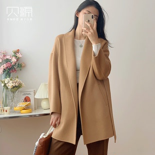 贝源高端驼色双面羊绒大衣女2025小个子中长款 羊毛毛呢外套 浴袍款
