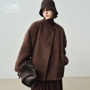 贝源2025秋冬新款咖色双面呢羊绒大衣女短款小个子长毛绒毛呢外套