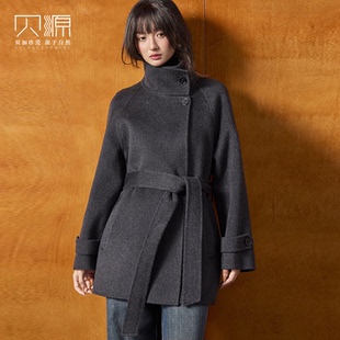 贝源灰色双面呢羊绒大衣女2025新款小个子中长款立领羊毛毛呢外套