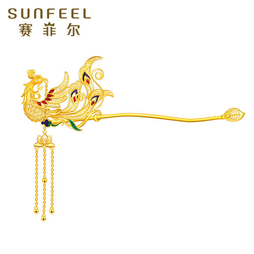 赛菲尔黄金古法金婚嫁凤钗足金999.9凤凰金钗莲花流苏发簪定制款