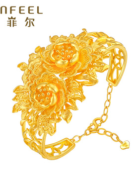 赛菲尔黄金手镯足金999.9芳华绝代牡丹花朵婚嫁镯子女结婚定制款