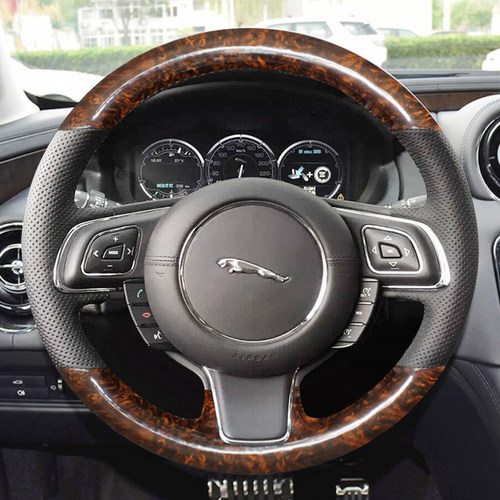 适用于捷豹XFL XEL XJL E-PACE改装老款XF桃木纹手缝真皮方向盘套
