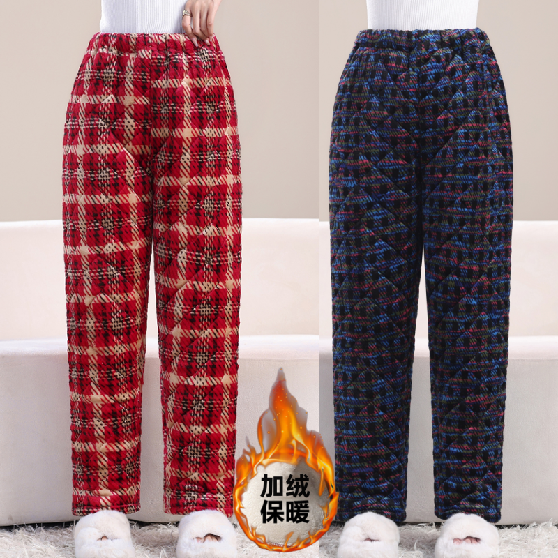 妈妈秋冬加绒棉裤2025中老年法兰绒加厚三层保暖新款松紧高腰女裤