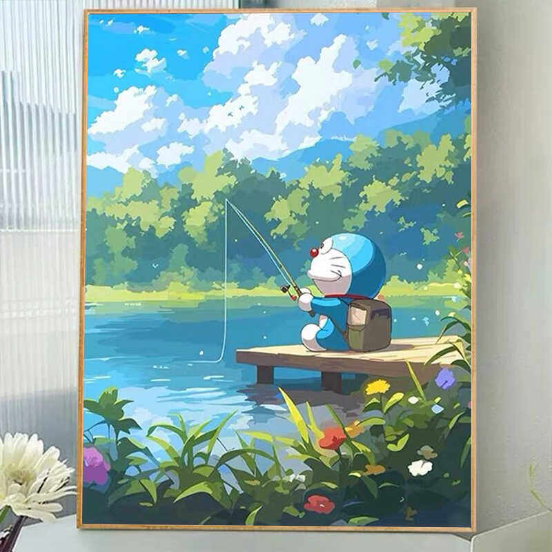 哆啦a梦钓鱼风景5d钻石画满钻2024新款动漫客厅卧室手工点贴带框