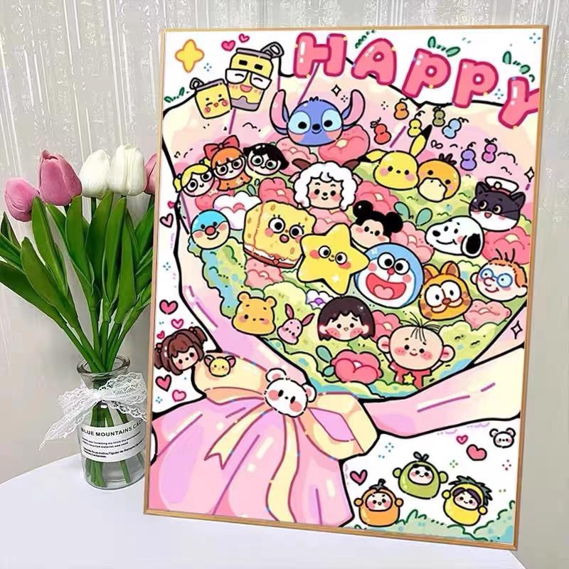 带框儿童diy钻石贴画卡通花束2025新款点钻画十字绣水钻