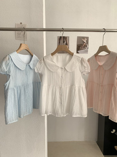 阿浅家 韩版温柔风甜美娃娃领波点短袖衬衫女夏宽松短款上衣粉色