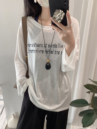 阿浅家 白色字母印花防晒罩衫长袖T恤女春夏宽松+黑色挂脖背心ins