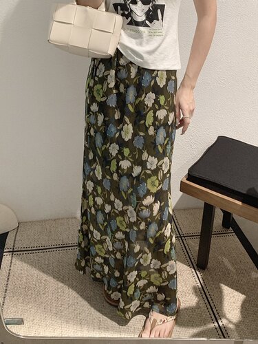 阿浅家 绿色显瘦侧绑带碎花雪纺半身裙女夏天侧开衩A字包臀长裙子