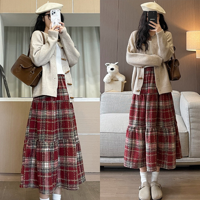 阿浅家 圣诞红色格子毛呢半身裙女宽松秋冬春季松紧腰a字伞裙长裙