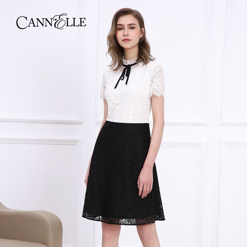 Cannelle晴迷桂莉 黑白撞色蕾丝连衣裙