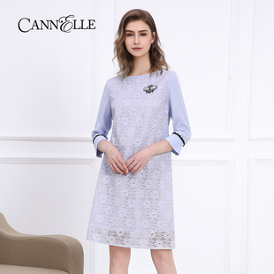 Cannelle晴迷桂莉七分袖微喇叭蕾丝连衣裙女士收腰中袖