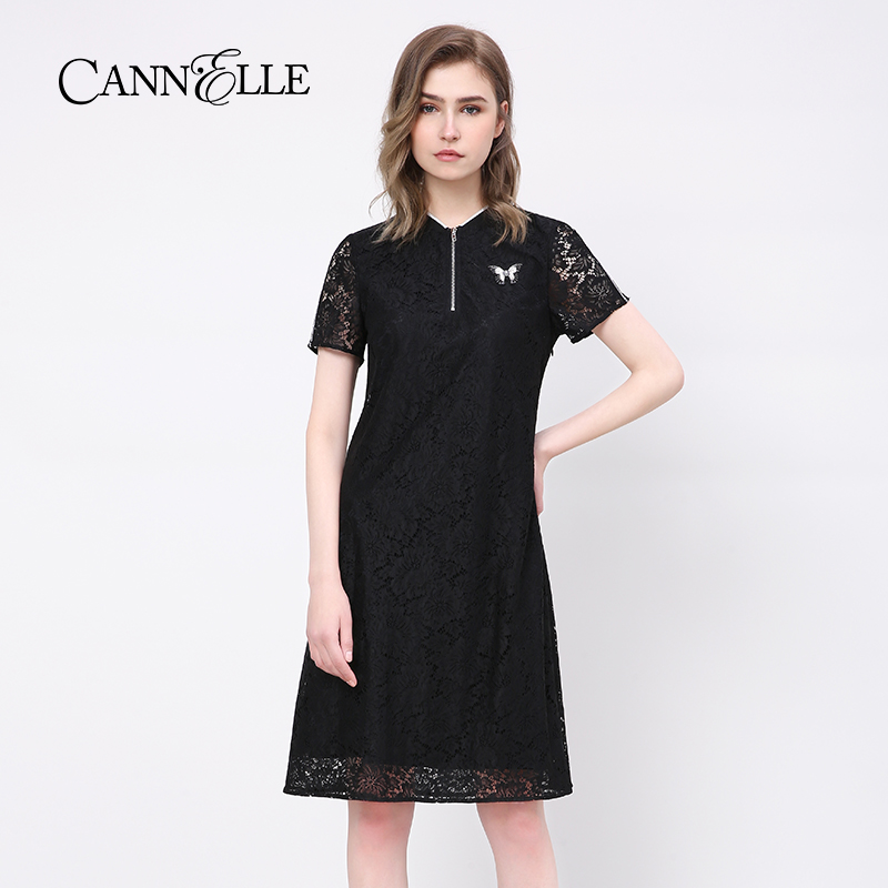 Cannelle夏季女士连衣裙蕾丝黑色显瘦