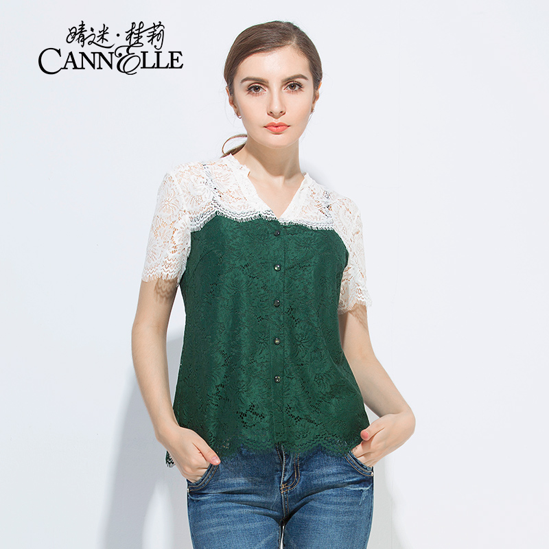 Cannelle晴迷桂莉波边蕾丝拼接上衣