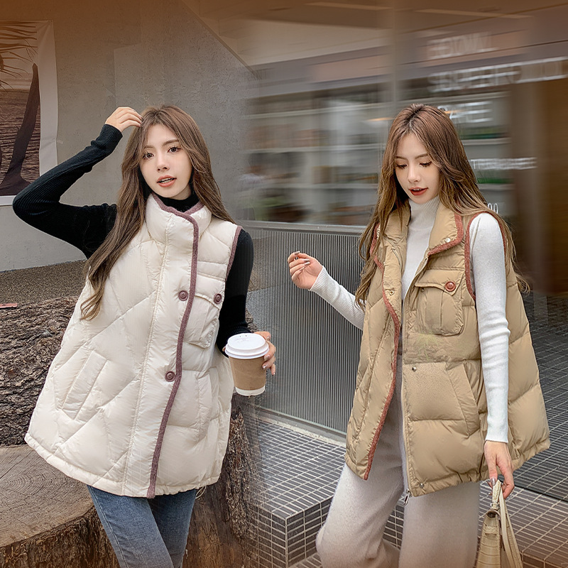 撞色设计胖mm宽松加厚大码羽绒服马甲女200斤加肥加大中长款300斤