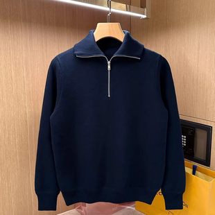 高端半高拉链针织衫男士2025新款冬季高级感复古翻领纯色简约毛衣
