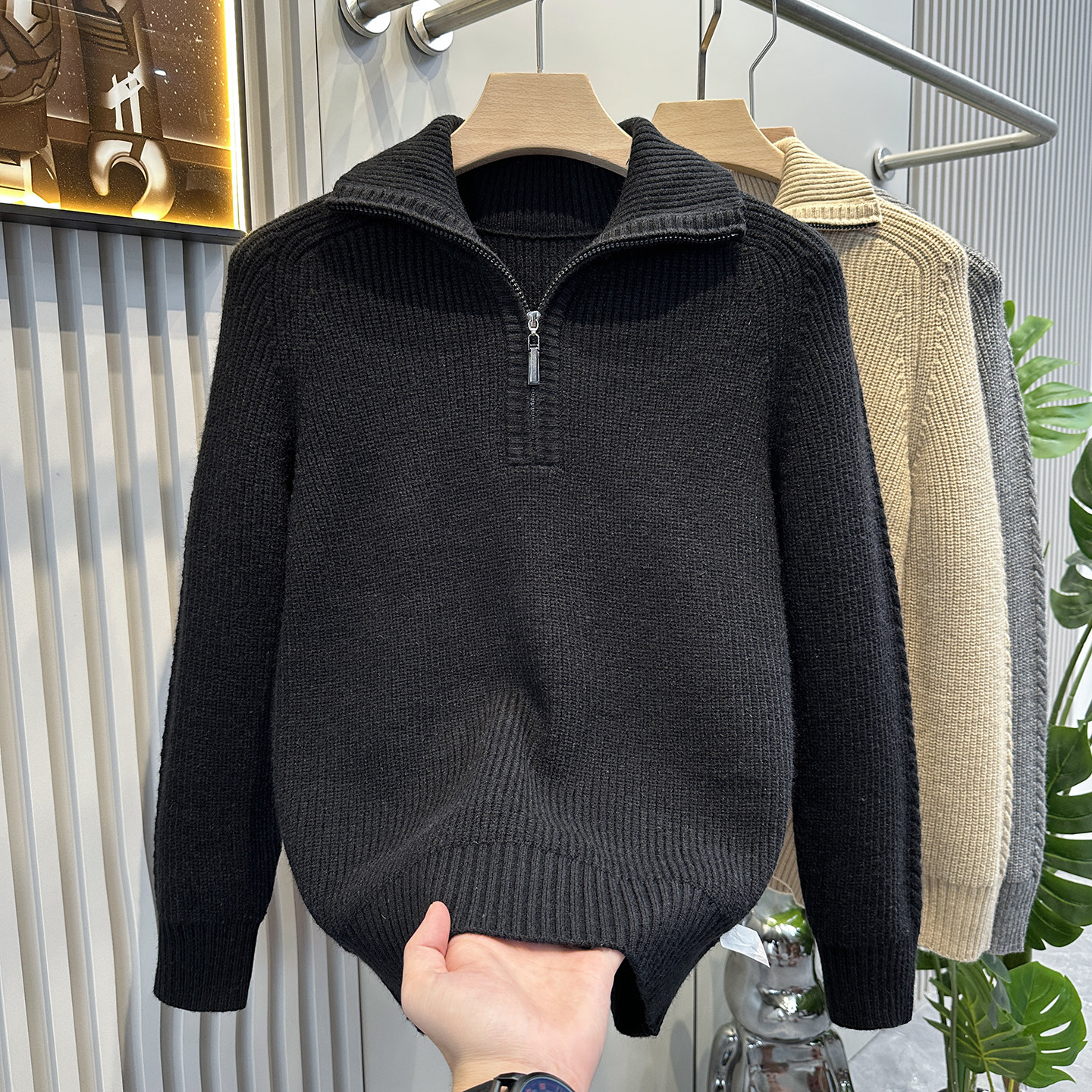 新款半拉链高领毛衣男秋冬加厚