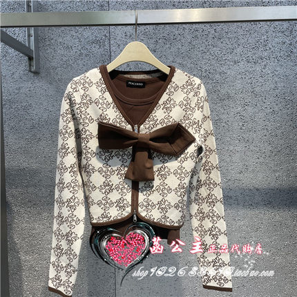 A1EDE1514太平鸟女装2024春专柜正品老花蝴蝶结开衫A1EDE1514C7