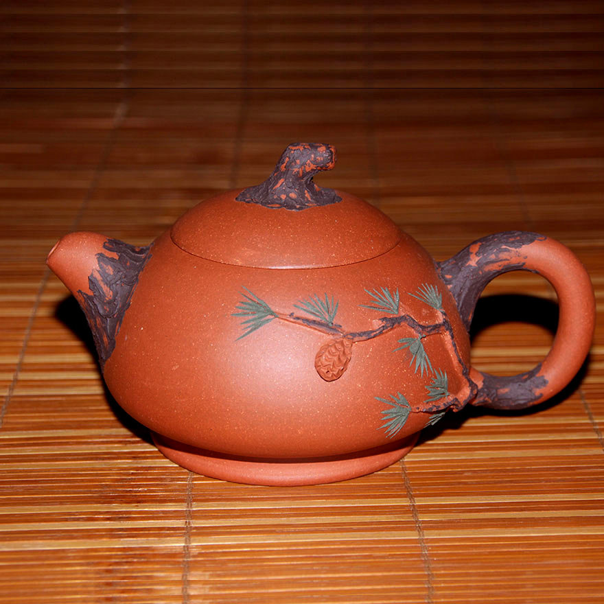 石磨小红泥 早期一厂文革紫砂壶 宜兴名家李碧芳全手工松针茄段壶