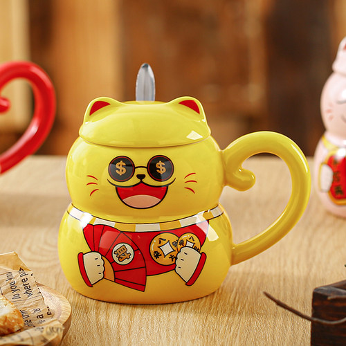金色陶瓷可爱招财猫杯子
