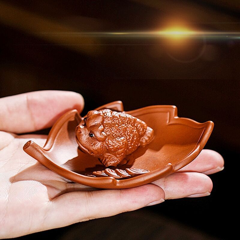 紫砂树叶金蟾茶宠摆件精品可养招