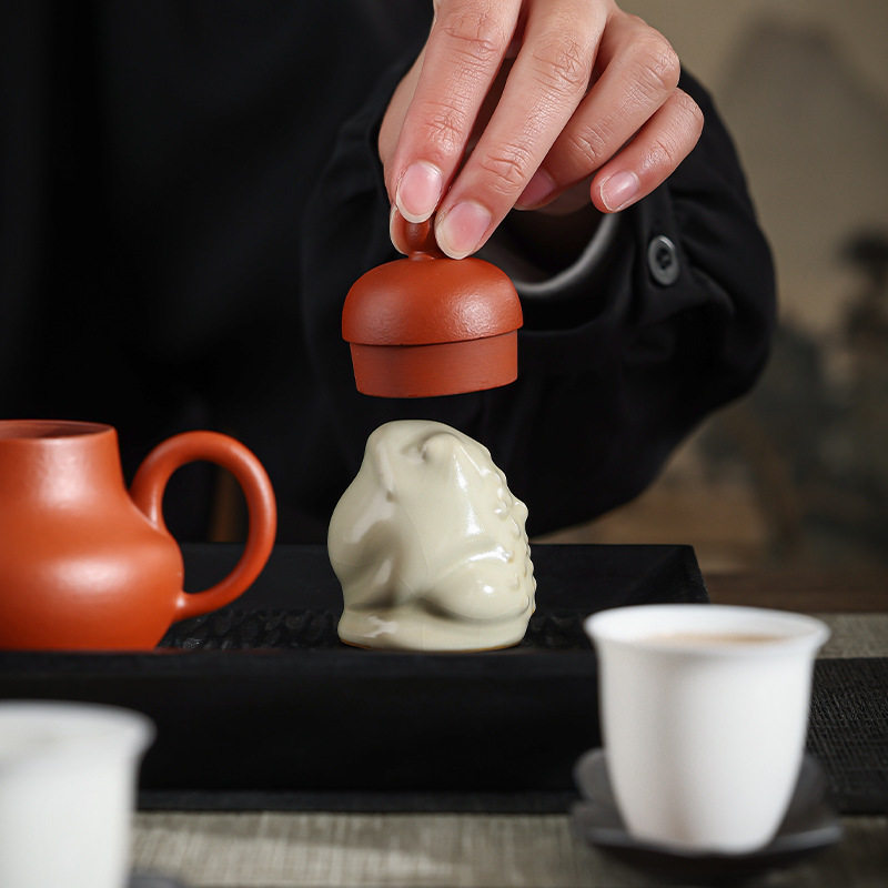 汝窑金蟾茶宠摆件精品开片可养招