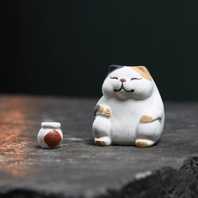 宜兴紫砂小花猫茶宠摆件软萌治愈