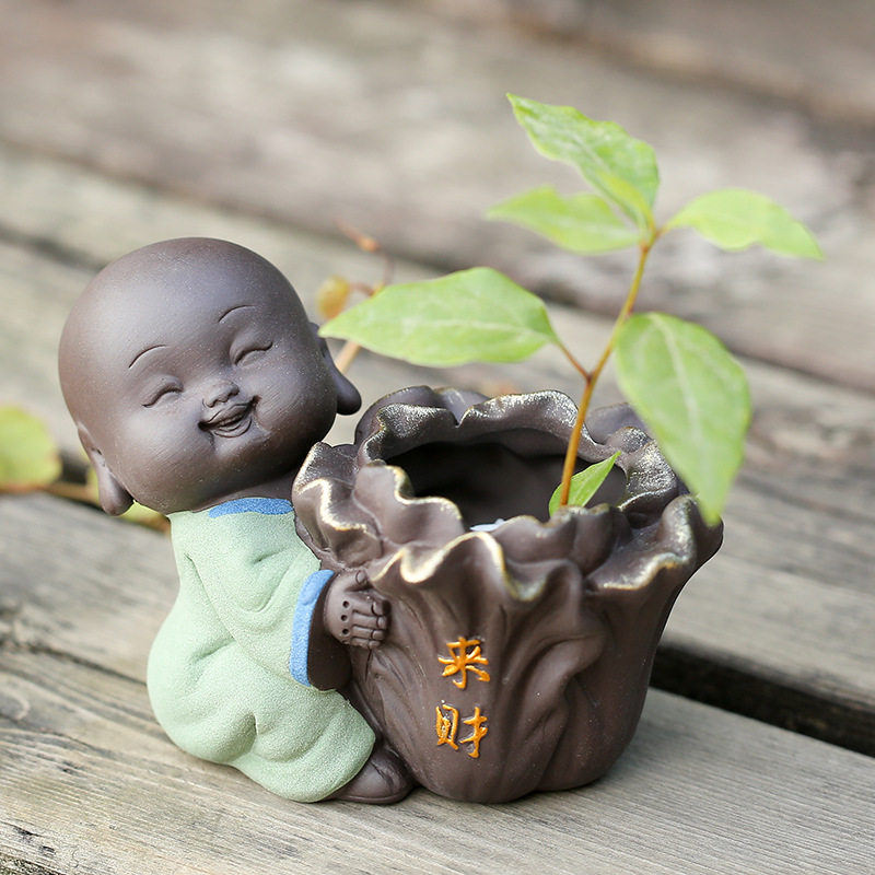 可养水培插花精品可爱紫砂小和尚