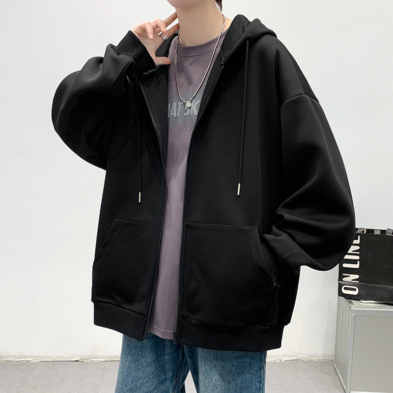 秋季新款纯色长袖连帽开衫卫衣男女休闲百搭大码拉链帽衫外套