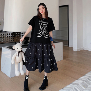 RM20060#夏新款/大码拼接精致绣花布裙摆短袖连衣裙