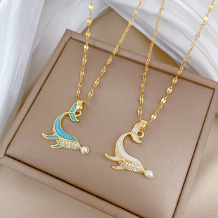 【钛钢】海豚珍珠锆石轻奢气质华丽满钻项链女百搭锁骨链钛钢链条