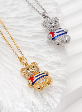 外贸跨境镀真金镶锆石嘻哈小熊吊坠满钻可爱泰迪熊钛钢项链女首饰