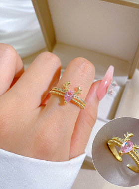 【真金】一鹿有你满钻戒指开口可调节款简约手饰日系指环情侣对戒