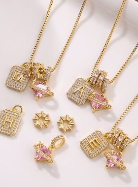 跨境铜镶锆石26英文字母吊坠挂件挂饰创意个性方形字母饰品配件