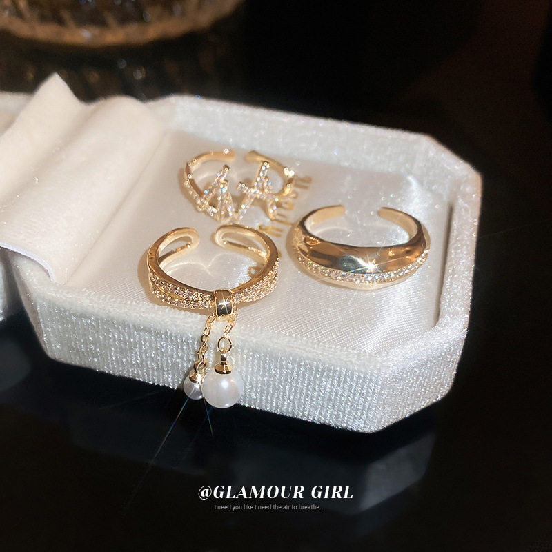 真金电镀锆石珍珠流苏交错双层开口戒指个性气质百搭食指戒配饰女