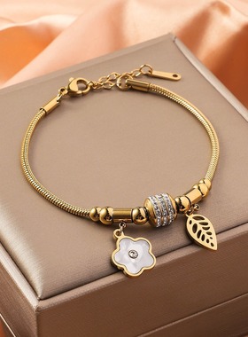 佳岚跨境热销不锈钢手链五叶草镶钻吊坠手链18K金色电镀钛钢手链