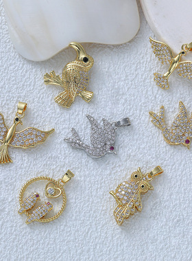 跨境轻奢时尚新品小鸟铜镶锆石吊坠单坠真金电镀保色项链女